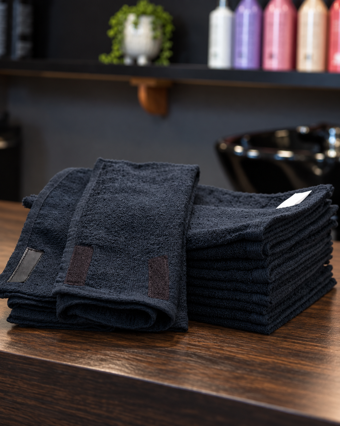 Stacked LOBA Style Wrap towels with the adjustable hook-and-loop fastening visible.